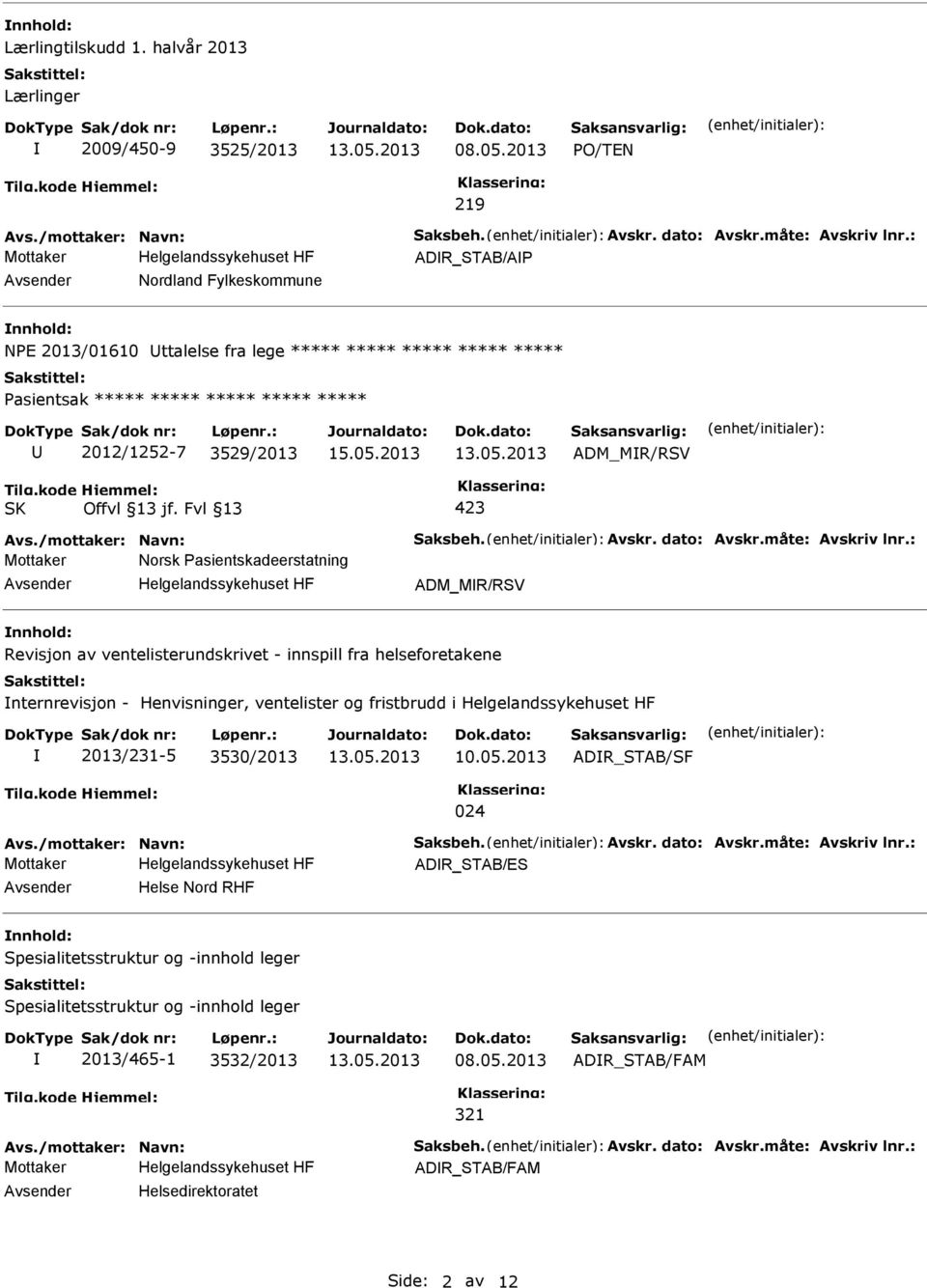 : Mottaker Norsk Pasientskadeerstatning ADM_MR/RSV Revisjon av ventelisterundskrivet - innspill fra helseforetakene nternrevisjon - Henvisninger, ventelister og fristbrudd i 2013/231-5 3530/2013 10.