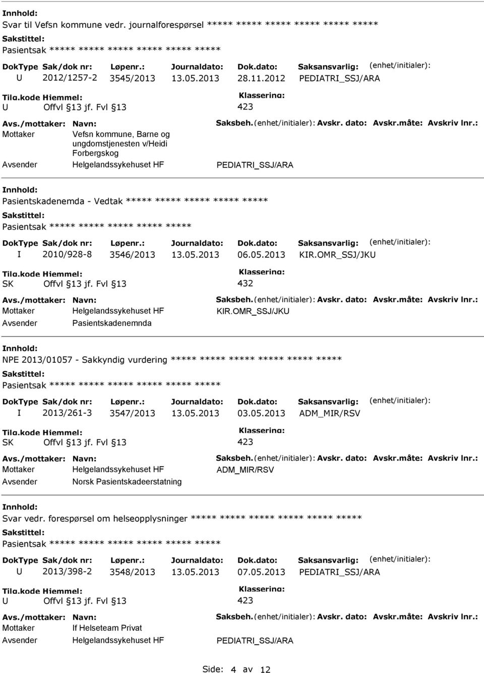 /mottaker: Navn: Saksbeh. Avskr. dato: Avskr.måte: Avskriv lnr.: KR.OMR_SSJ/JK Pasientskadenemnda NPE 2013/01057 - Sakkyndig vurdering ***** ***** ***** ***** ***** ***** 2013/261-3 3547/2013 03.05.2013 ADM_MR/RSV Avs.