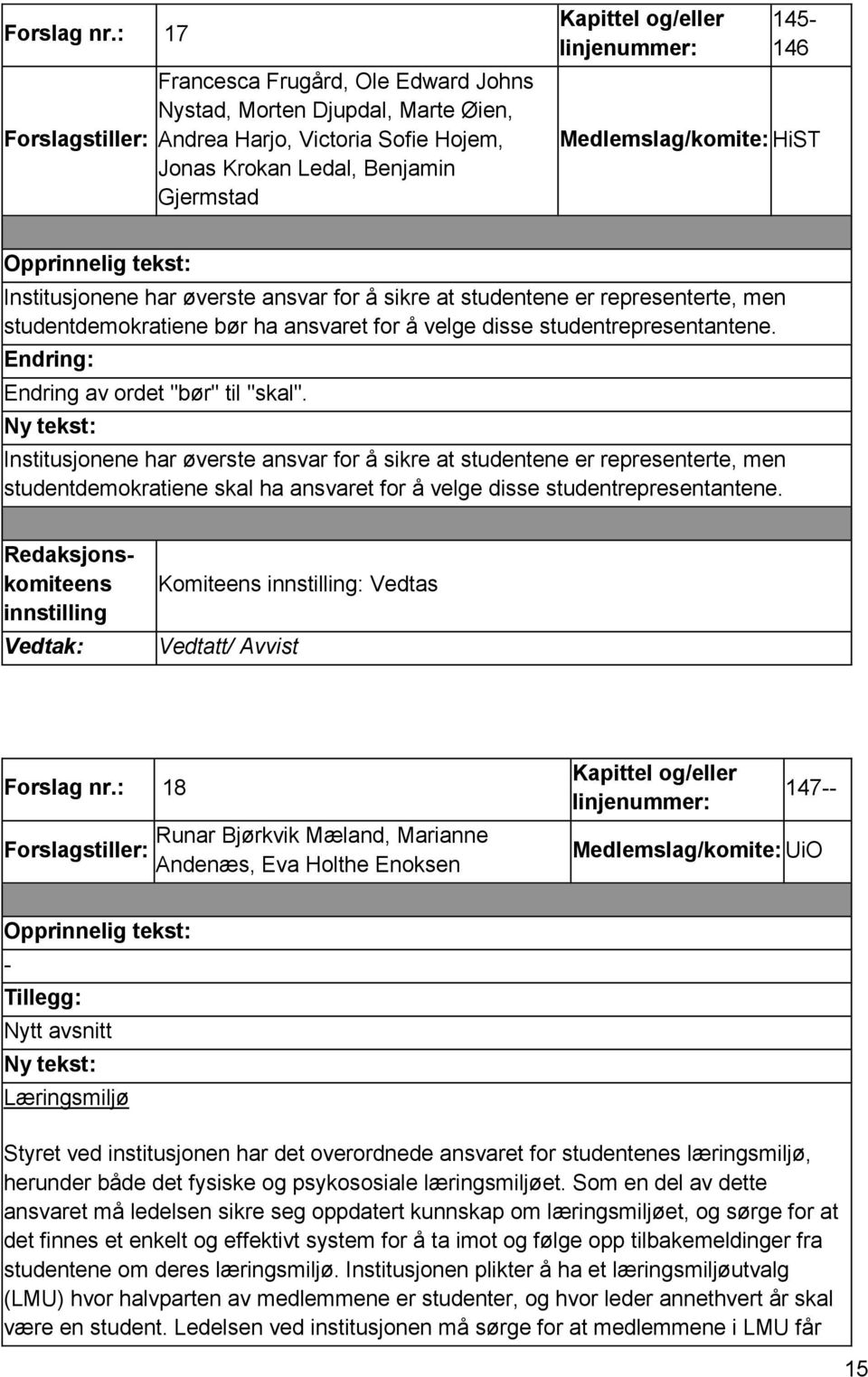 har øverste ansvar for å sikre at studentene er representerte, men studentdemokratiene bør ha ansvaret for å velge disse studentrepresentantene. Endring: Endring av ordet "bør" til "skal".