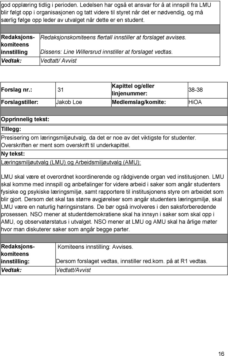 flertall innstiller at forslaget avvises. Dissens: Line Willersrud innstiller at forslaget vedtas. Forslag nr.