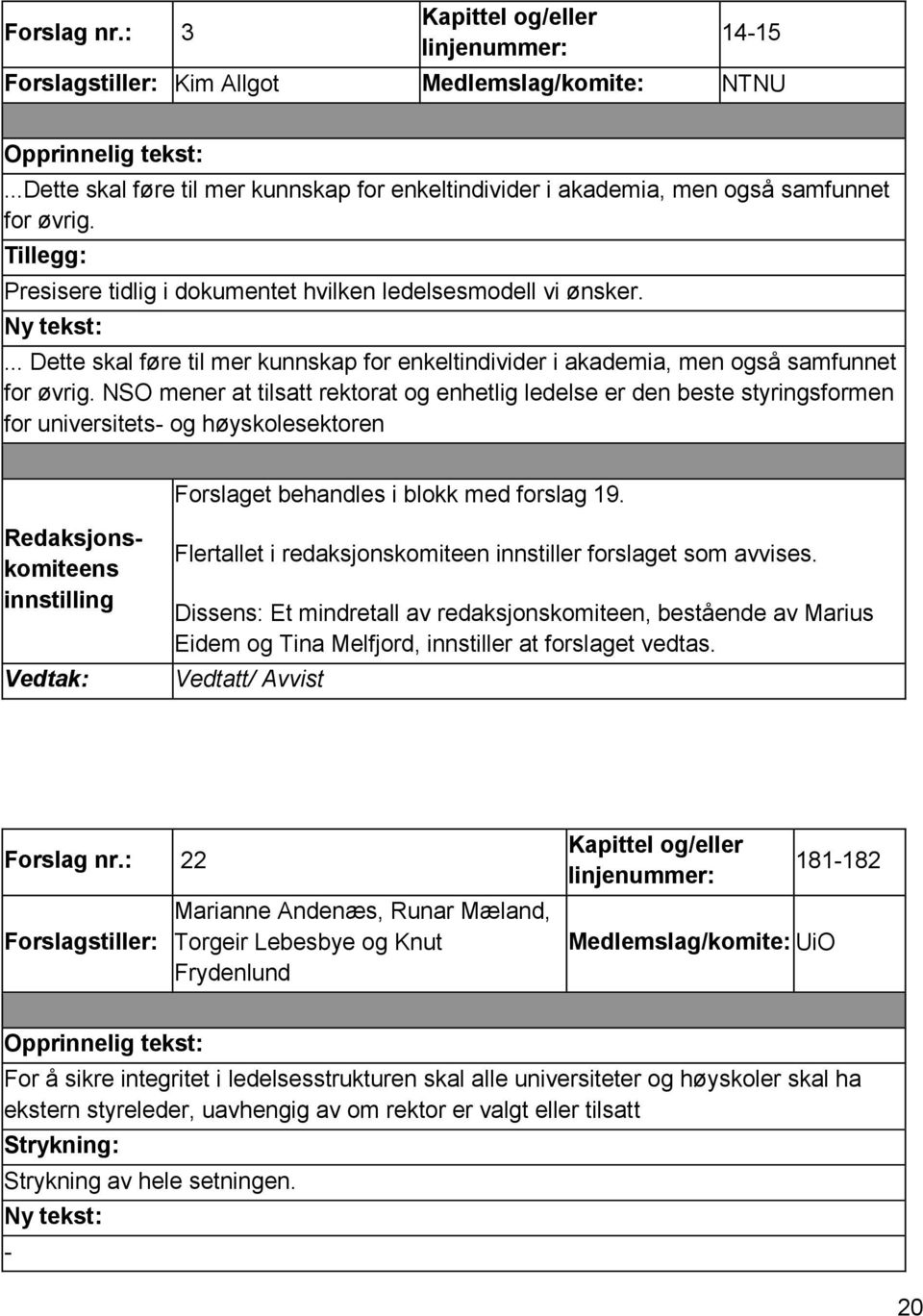 NSO mener at tilsatt rektorat og enhetlig ledelse er den beste styringsformen for universitets- og høyskolesektoren Forslaget behandles i blokk med forslag 19.