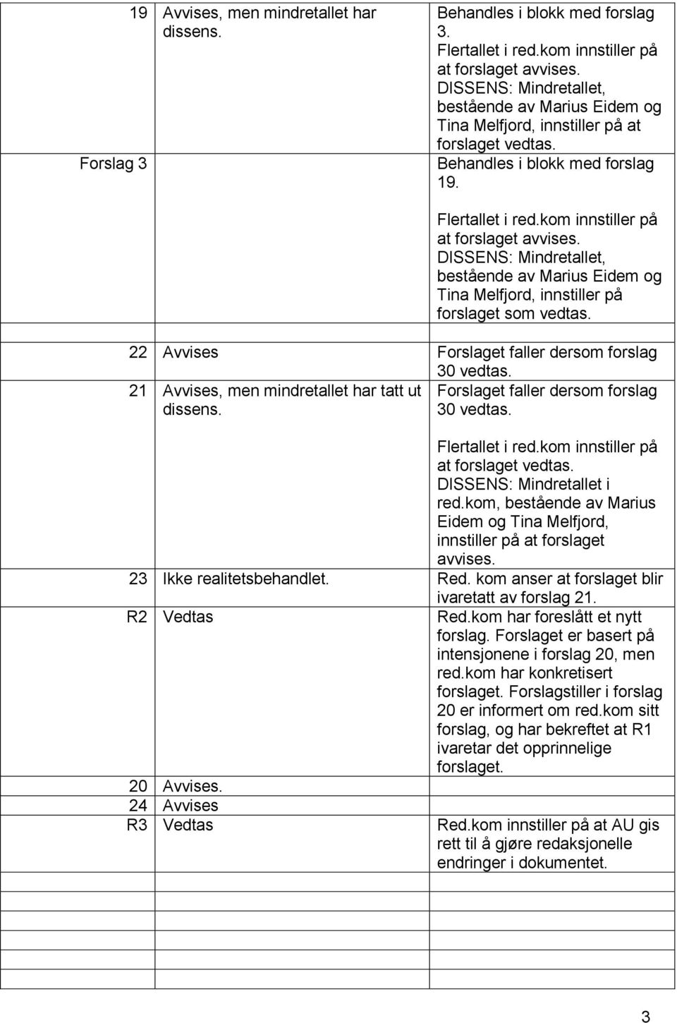 DISSENS: Mindretallet, bestående av Marius Eidem og Tina Melfjord, innstiller på forslaget som vedtas. 22 Avvises Forslaget faller dersom forslag 30 vedtas.