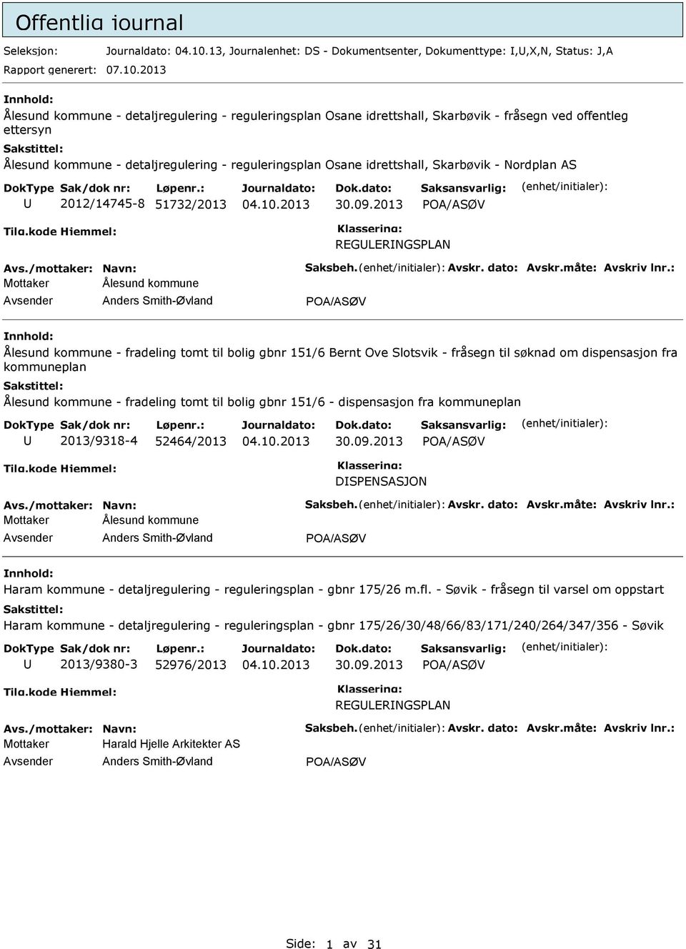 2013 Ålesund kommune - detaljregulering - reguleringsplan Osane idrettshall, Skarbøvik - fråsegn ved offentleg ettersyn Ålesund kommune - detaljregulering - reguleringsplan Osane idrettshall,