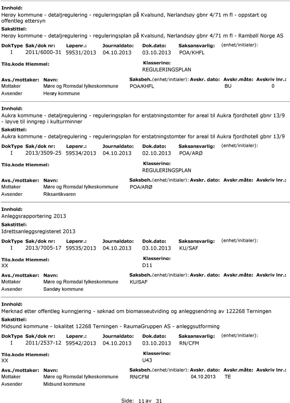 : Mottaker Møre og Romsdal fylkeskommune B 0 Herøy kommune Aukra kommune - detaljregulering - reguleringsplan for erstatningstomter for areal til Aukra fjordhotell gbnr 13/9 - løyve til inngrep i