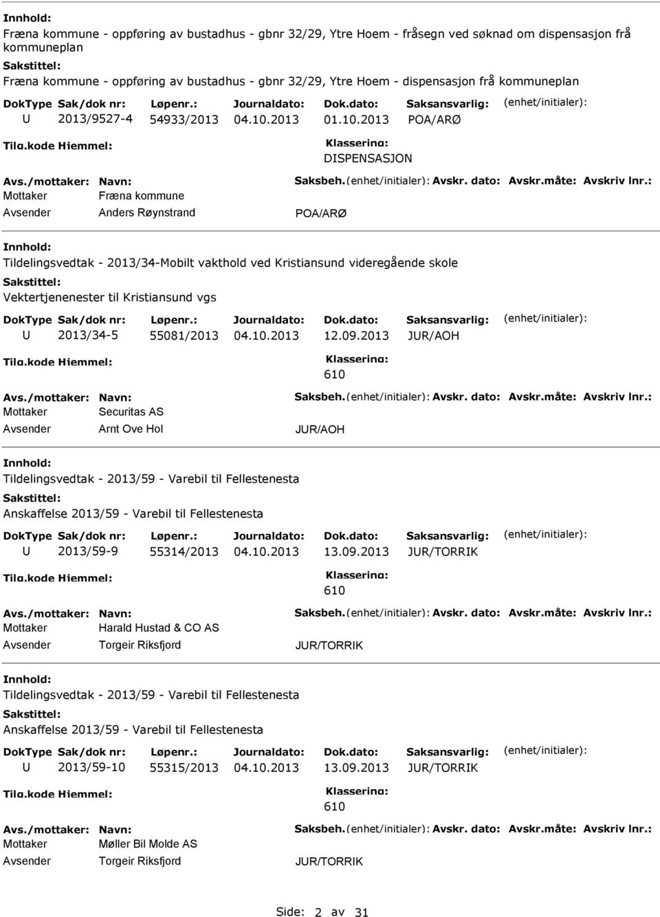 : Mottaker Fræna kommune Anders Røynstrand Tildelingsvedtak - 2013/34-Mobilt vakthold ved Kristiansund videregående skole Vektertjenenester til Kristiansund vgs 2013/34-5 55081/2013 12.09.