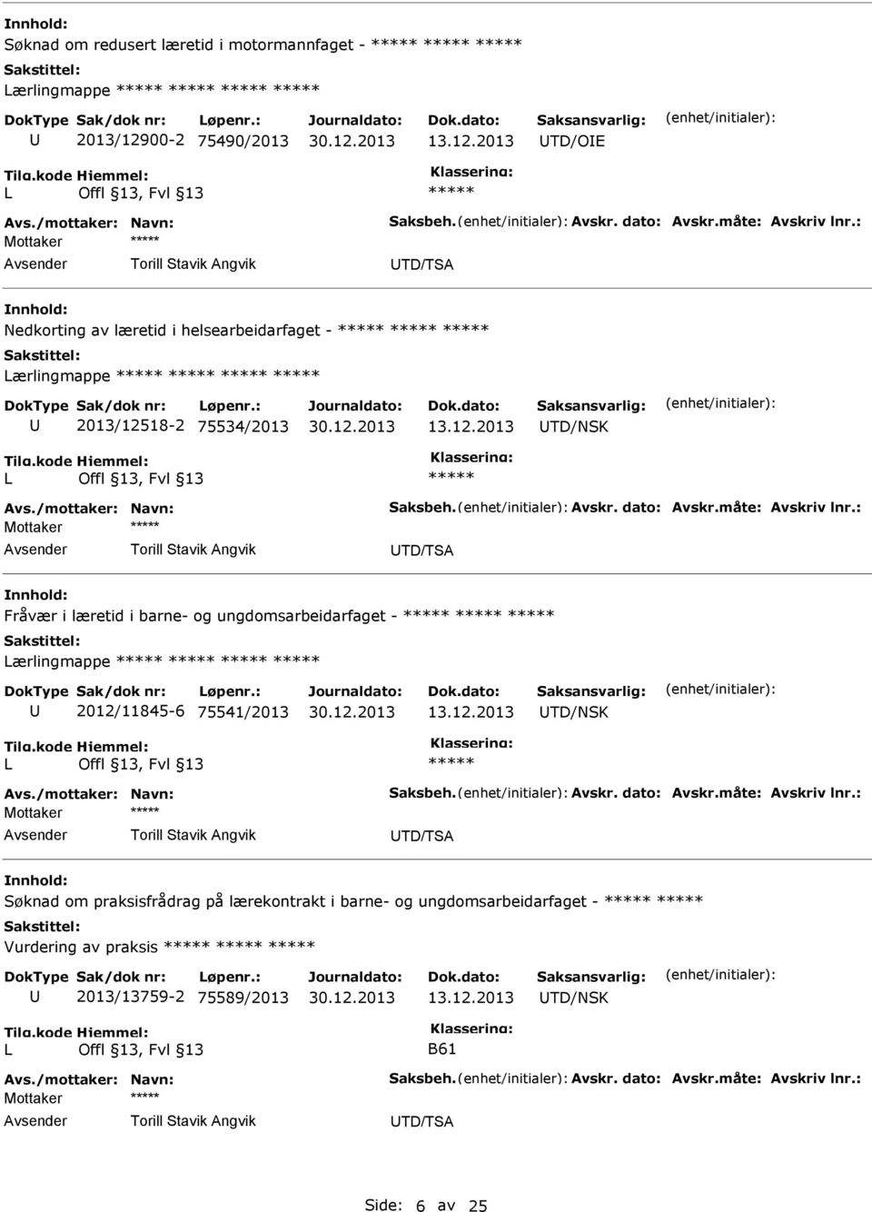 : Mottaker TD/TSA Fråvær i læretid i barne- og ungdomsarbeidarfaget - ærlingmappe 2012/11845-6 75541/2013 13.12.2013 TD/NSK Avs./mottaker: Navn: Saksbeh. Avskr. dato: Avskr.måte: Avskriv lnr.