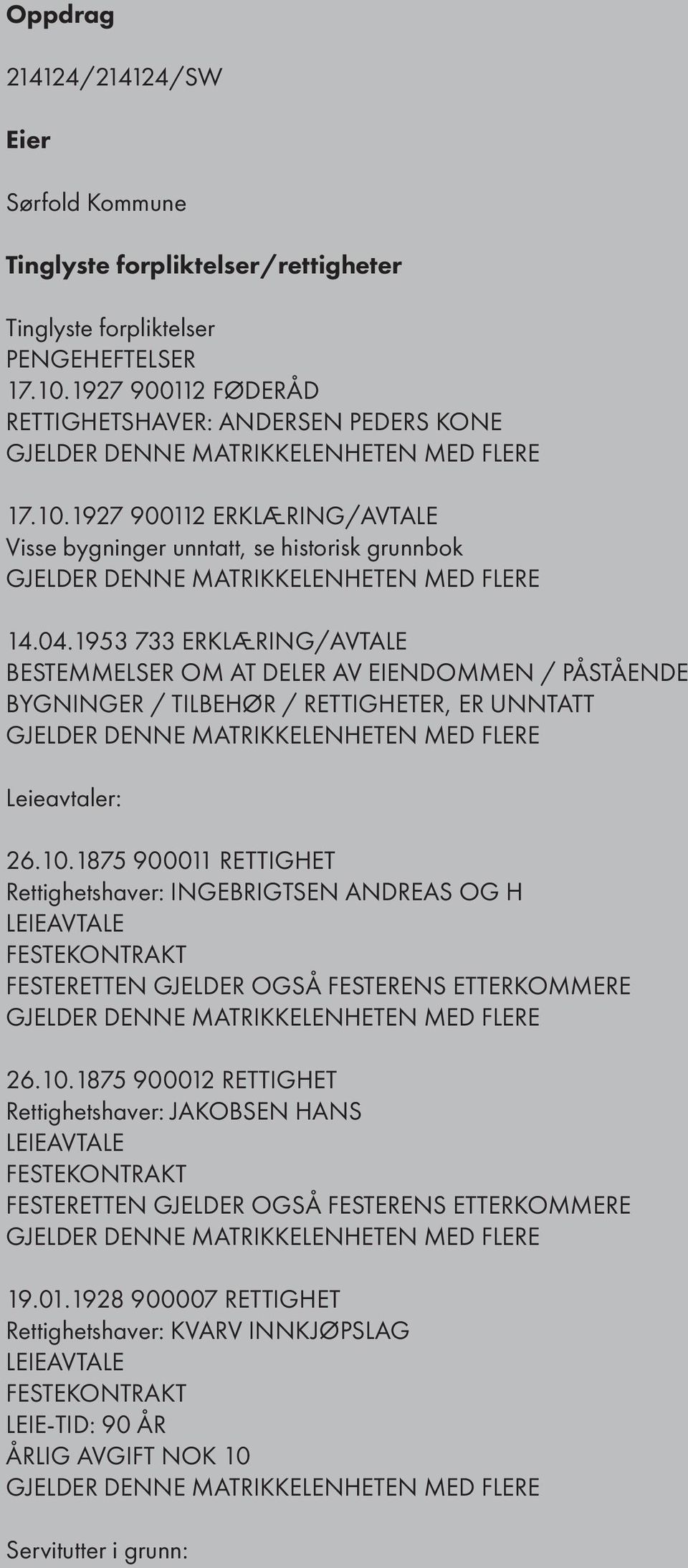 1927 900112 ERKLÆRING/AVTALE Visse bygninger unntatt, se historisk grunnbok GJELDER DENNE MATRIKKELENHETEN MED FLERE 14.04.