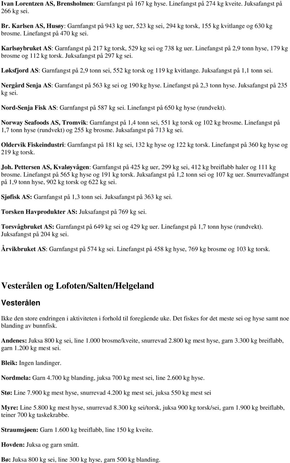 Løksfjord AS: Garnfangst på 2,9 tonn sei, 552 kg torsk og 119 kg kvitlange. Juksafangst på 1,1 tonn sei. Nergård Senja AS: Garnfangst på 563 kg sei og 190 kg hyse. Linefangst på 2,3 tonn hyse.