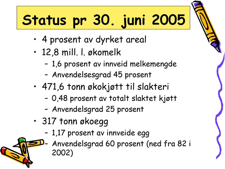 tonn økokjøtt til slakteri 0,48 prosent av totalt slaktet kjøtt Anvendelsgrad