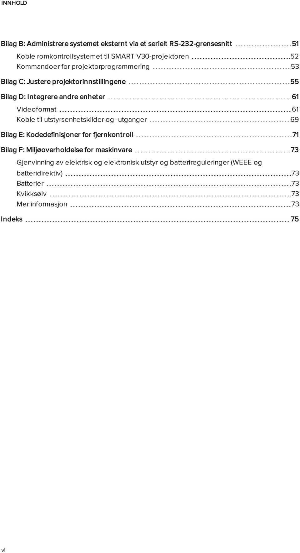 til utstyrsenhetskilder og -utganger 69 Bilag E: Kodedefinisjoner for fjernkontroll 71 Bilag F: Miljøoverholdelse for maskinvare 73