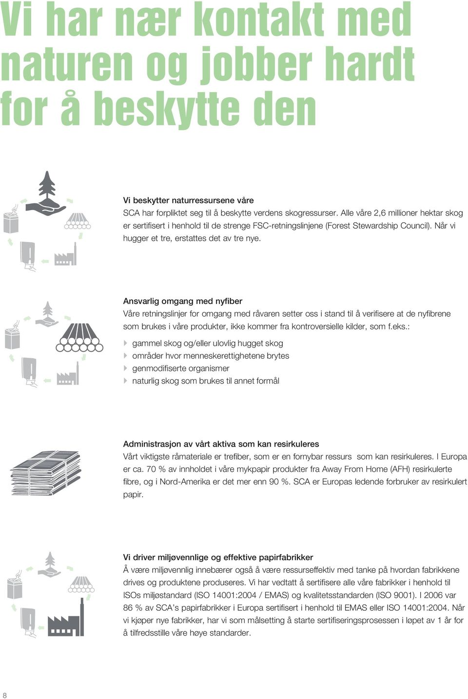 Ansvarlig omgang med nyfiber Våre retningslinjer for omgang med råvaren setter oss i stand til å verifisere at de nyfibrene som brukes i våre produkter, ikke kommer fra kontroversielle kilder, som f.
