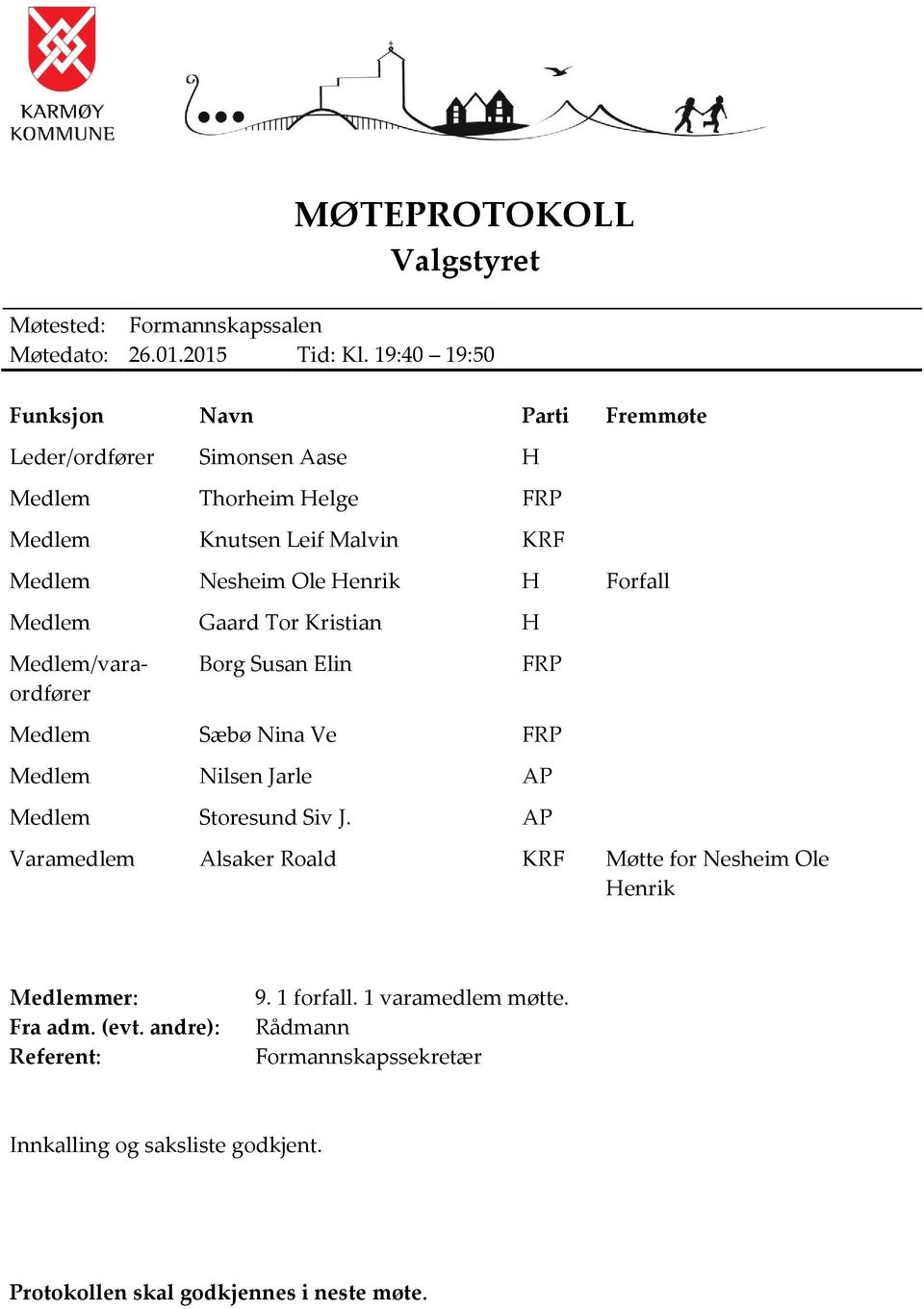 Forfall Medlem Gaard Tor Kristian H Medlem/varaordfører Borg Susan Elin FRP Medlem Sæbø Nina Ve FRP Medlem Nilsen Jarle AP Medlem Storesund Siv J.