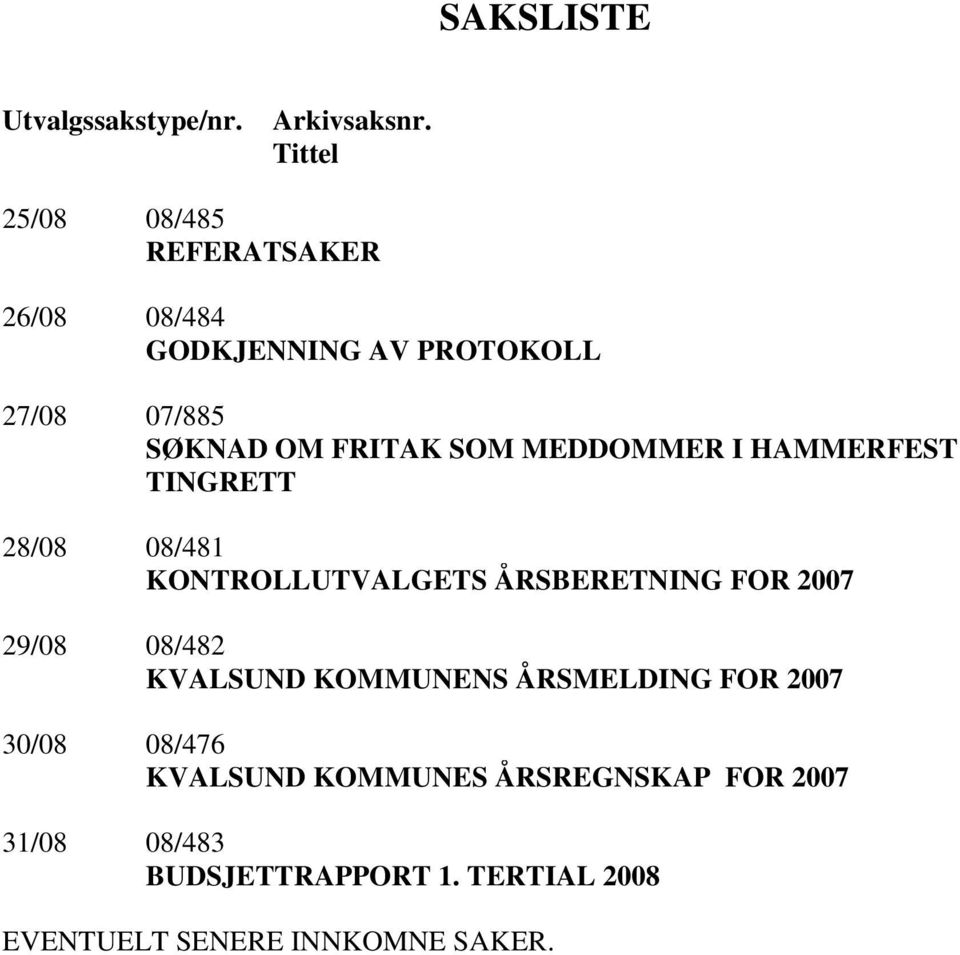 SOM MEDDOMMER I HAMMERFEST TINGRETT 28/08 08/481 KONTROLLUTVALGETS ÅRSBERETNING FOR 2007 29/08 08/482