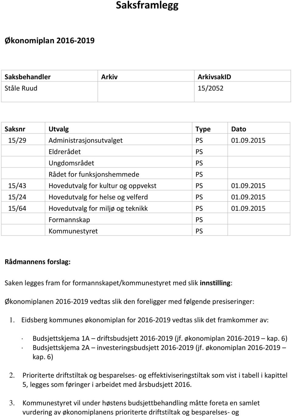 09.2015 Formannskap PS Kommunestyret PS Rådmannens forslag: Saken legges fram for formannskapet/kommunestyret med slik innstilling: Økonomiplanen 2016-2019 vedtas slik den foreligger med følgende