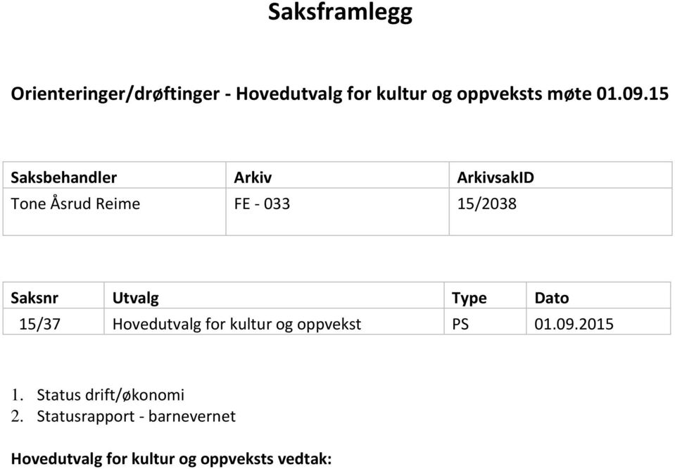 15 Saksbehandler Arkiv ArkivsakID Tone Åsrud Reime FE - 033 15/2038 Saksnr Utvalg