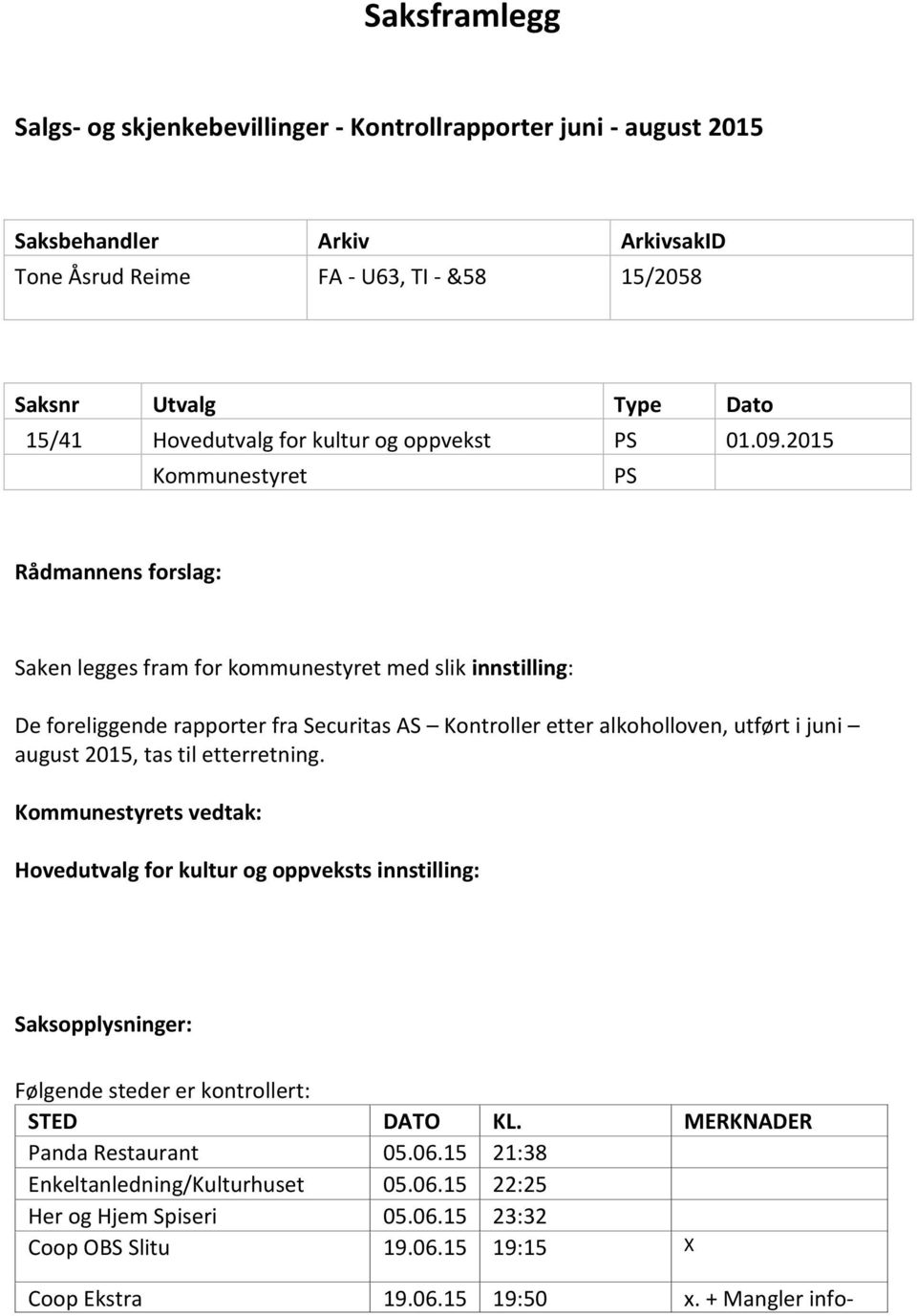 2015 Kommunestyret PS Rådmannens forslag: Saken legges fram for kommunestyret med slik innstilling: De foreliggende rapporter fra Securitas AS Kontroller etter alkoholloven, utført i juni august