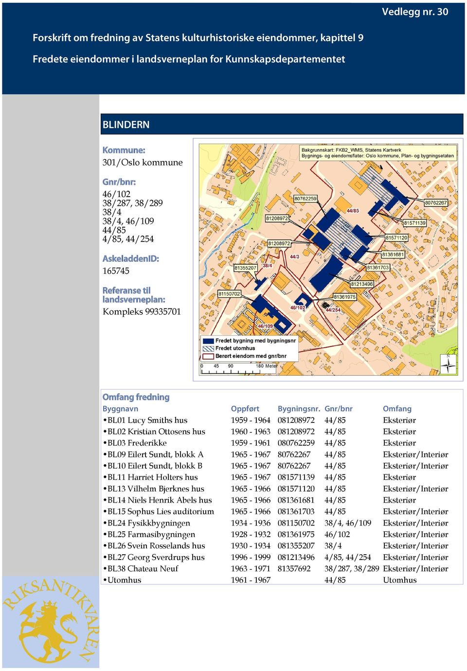 Gnr/bnr Omfang BL01 Lucy Smiths hus 1959-1964 081208972 44/85 Eksteriør BL02 Kristian Ottosens hus 1960-1963 081208972 44/85 Eksteriør BL03 Frederikke 1959-1961 080762259 44/85 Eksteriør BL09 Eilert