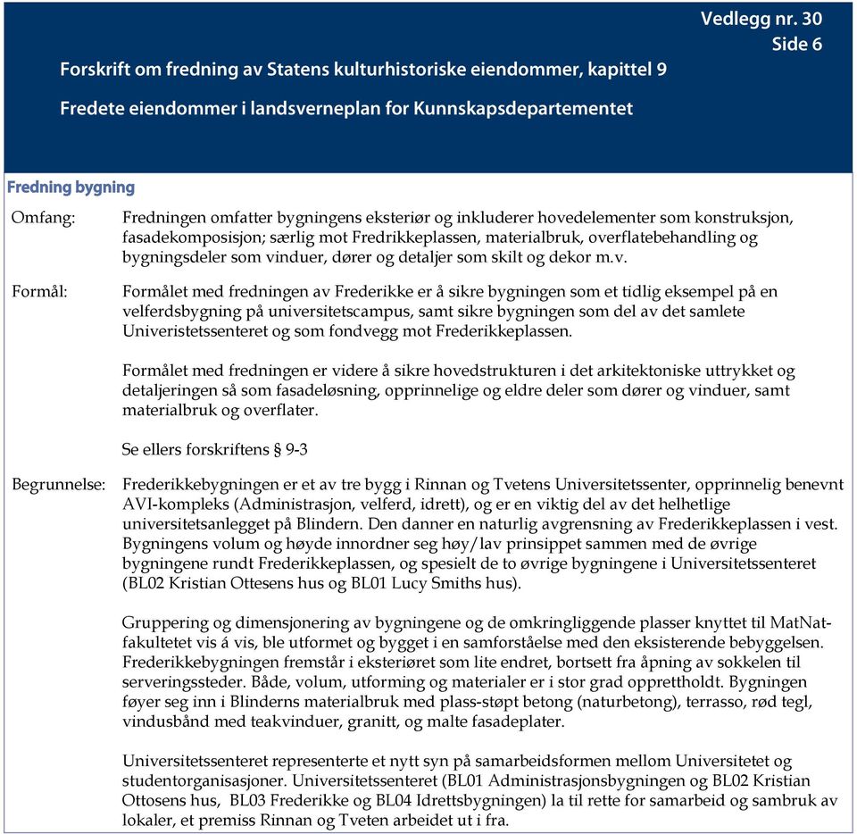 universitetscampus, samt sikre bygningen som del av det samlete Univeristetssenteret og som fondvegg mot Frederikkeplassen.