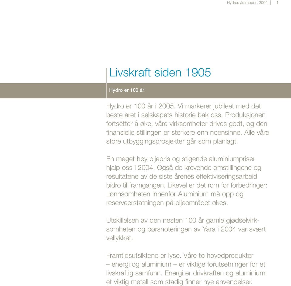 En meget høy oljepris og stigende aluminiumpriser hjalp oss i 2004. Også de krevende omstillingene og resultatene av de siste årenes effektiviseringsarbeid bidro til framgangen.