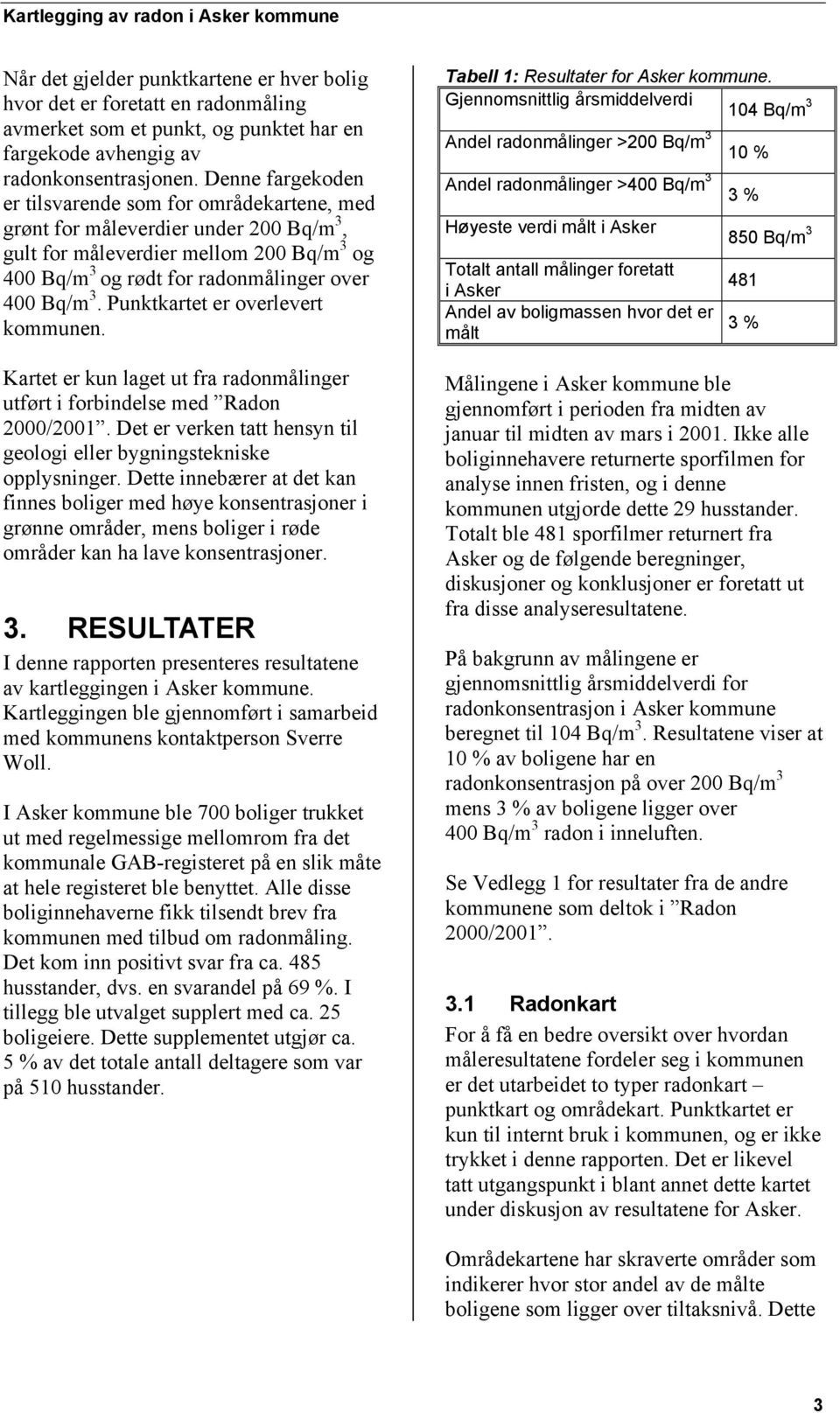 Punktkartet er overlevert kommunen. Kartet er kun laget ut fra radonmålinger utført i forbindelse med Radon 2000/2001. Det er verken tatt hensyn til geologi eller bygningstekniske opplysninger.