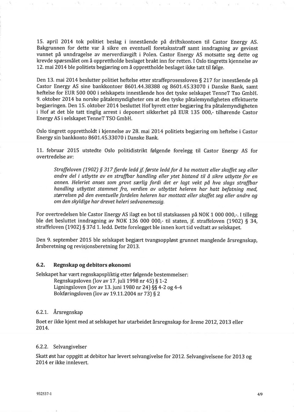 Castor Energy AS motsatte seg dette og krevde spørsmålet om å opprettholde beslaget brakt inn for retten. I Oslo tingretts kjennelse av 12.