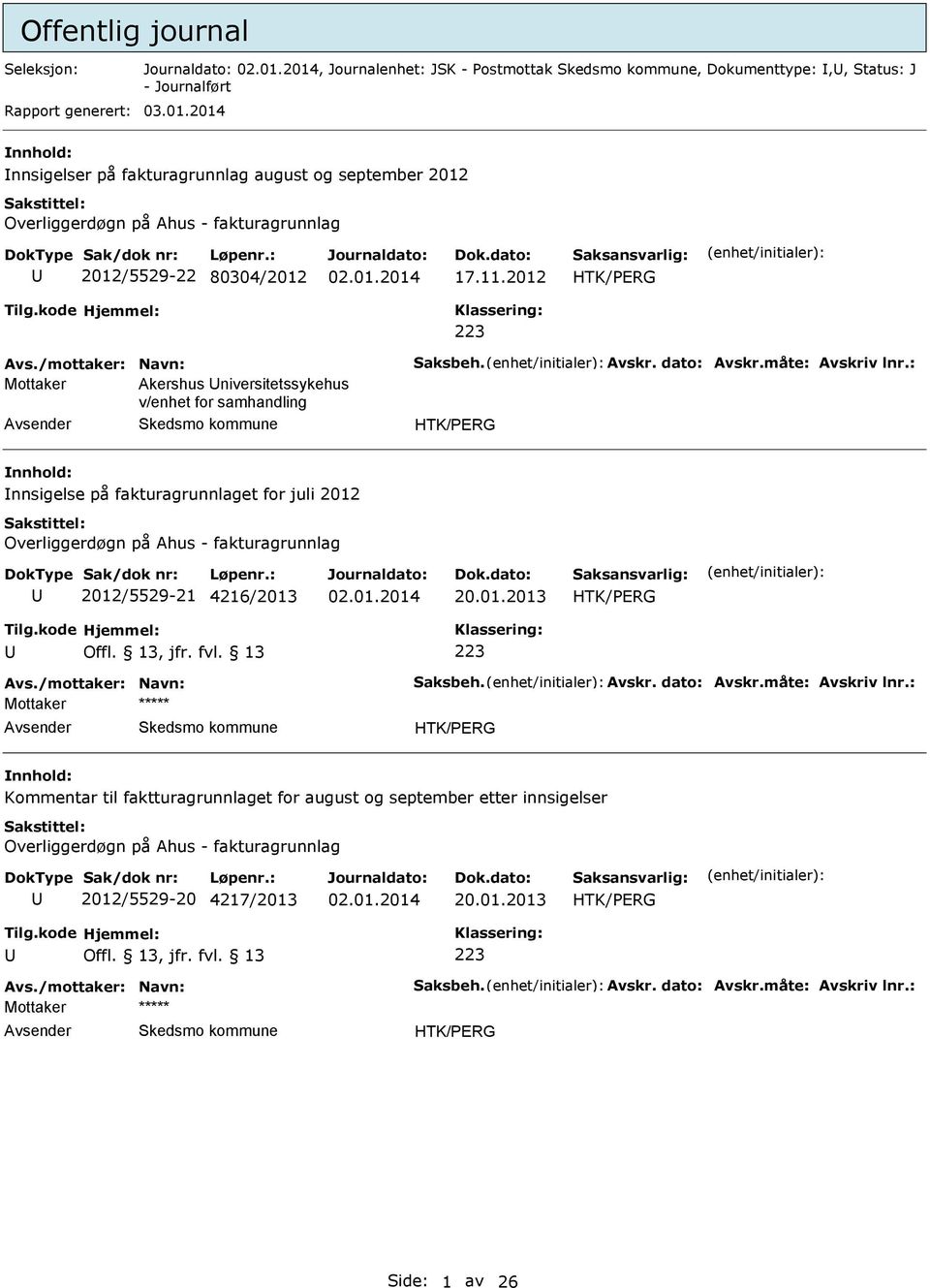 måte: vskriv lnr.: Mottaker kershus niversitetssykehus v/enhet for samhandling HTK/PRG nnsigelse på fakturagrunnlaget for juli 2012 Overliggerdøgn på hus - fakturagrunnlag 2012/5529-21 4216/2013 20.