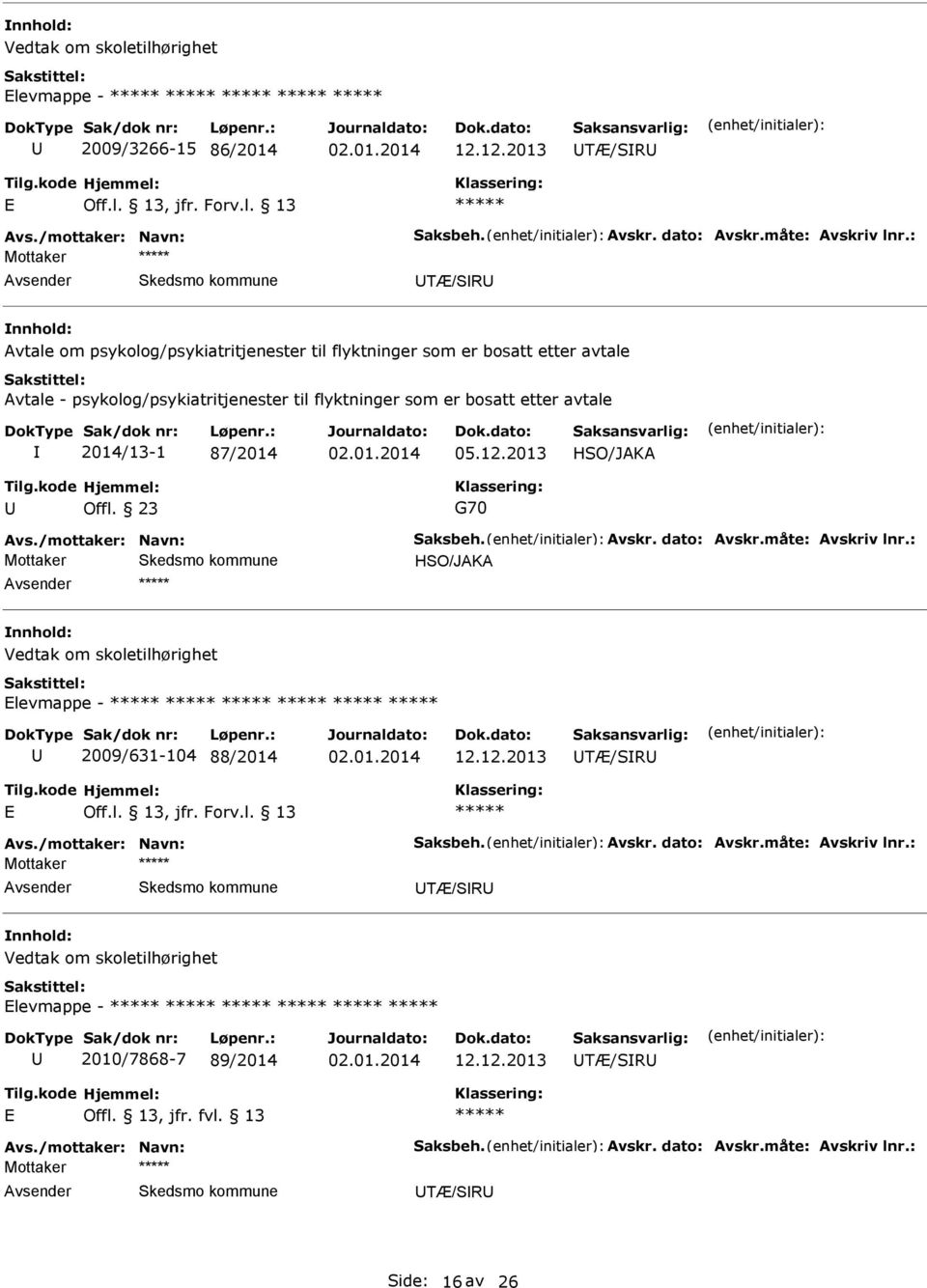 2013 HSO/JK Offl. 23 G70 vs./mottaker: Navn: Saksbeh. vskr. dato: vskr.måte: vskriv lnr.: HSO/JK Vedtak om skoletilhørighet levmappe - 2009/631-104 88/2014 12.12.2013 TÆ/SR Off.l. 13, jfr. Forv.l. 13 vs.