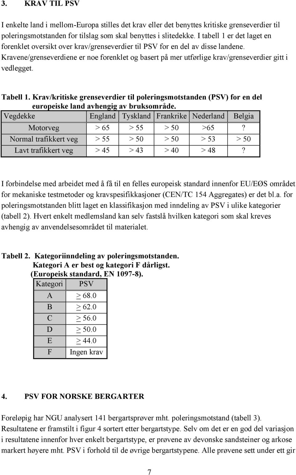 Kravene/grenseverdiene er noe forenklet og basert på mer utførlige krav/grenseverdier gitt i vedlegget. Tabell 1.