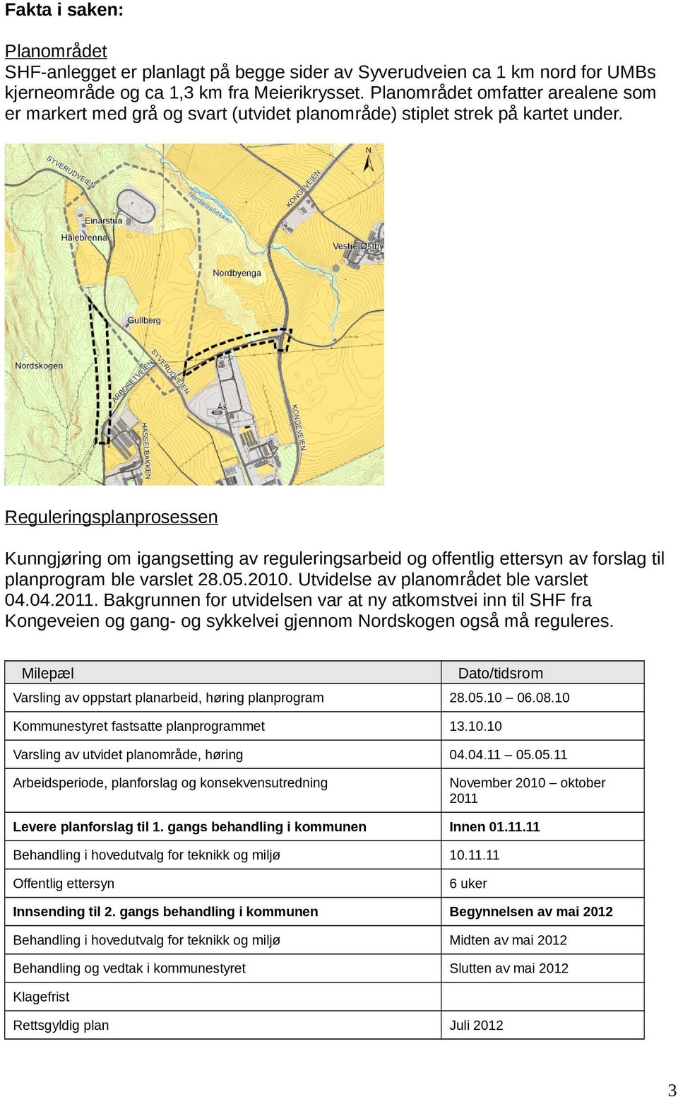 Reguleringsplanprosessen Kunngjøring om igangsetting av reguleringsarbeid og offentlig ettersyn av forslag til planprogram ble varslet 28.05.2010. Utvidelse av planområdet ble varslet 04.04.2011.