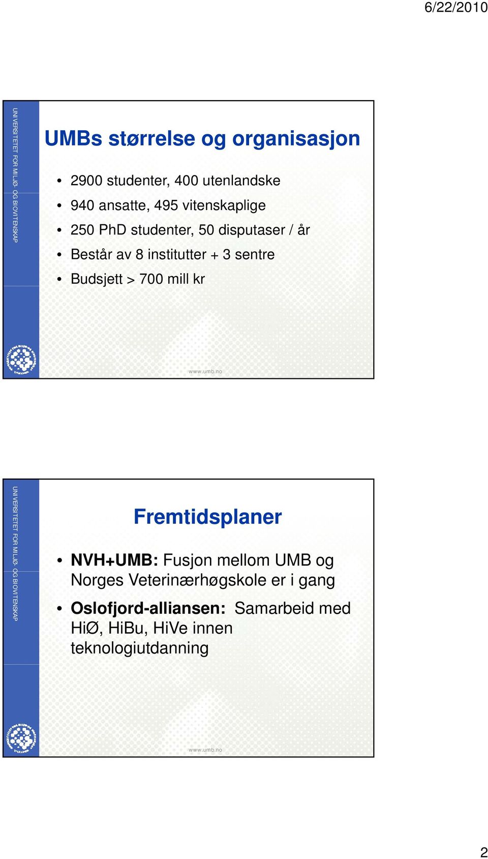 Budsjett > 700 mill kr Fremtidsplaner NVH+UMB: Fusjon mellom UMB og Norges