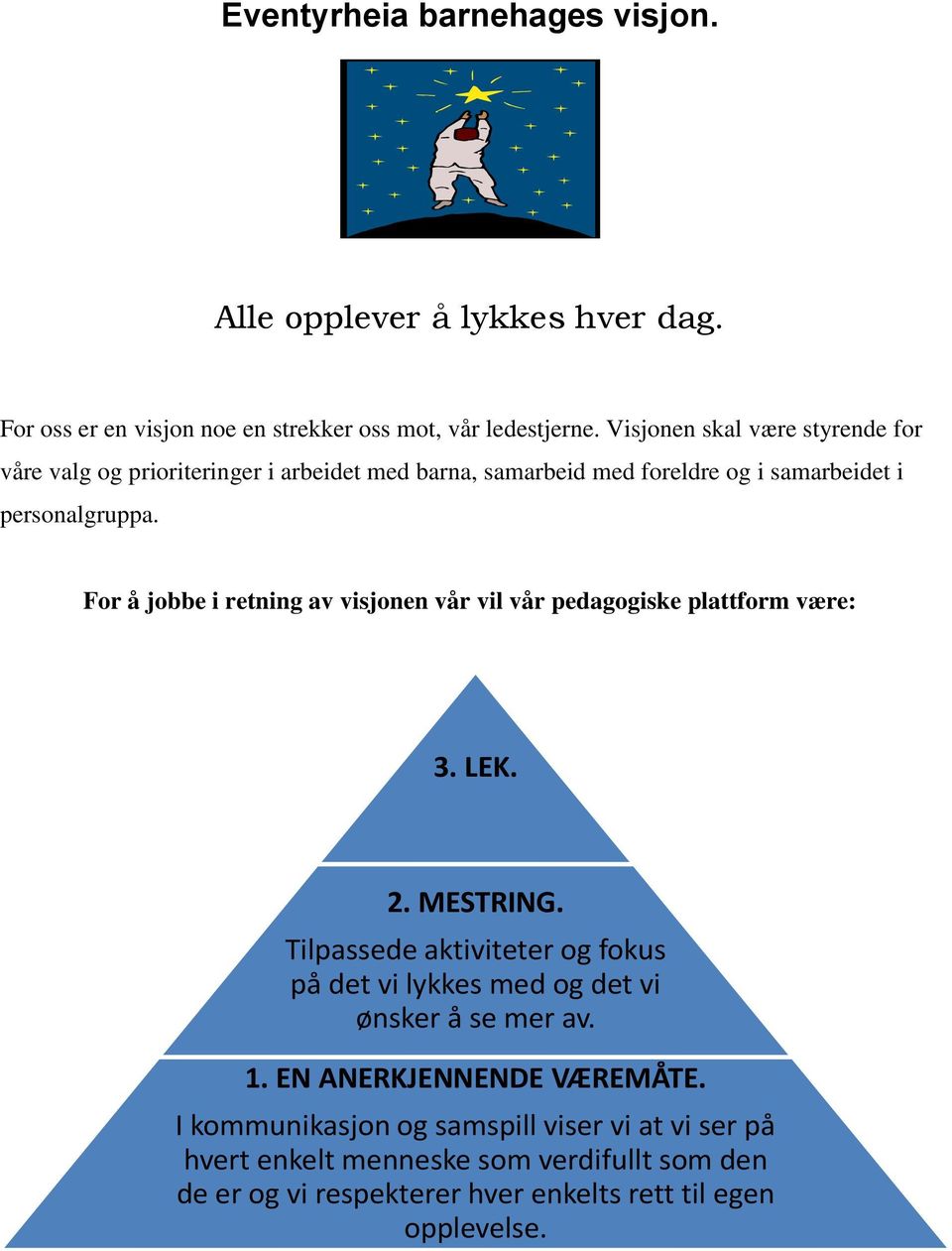 For å jobbe i retning av visjonen vår vil vår pedagogiske plattform være: 3. LEK. 2. MESTRING.