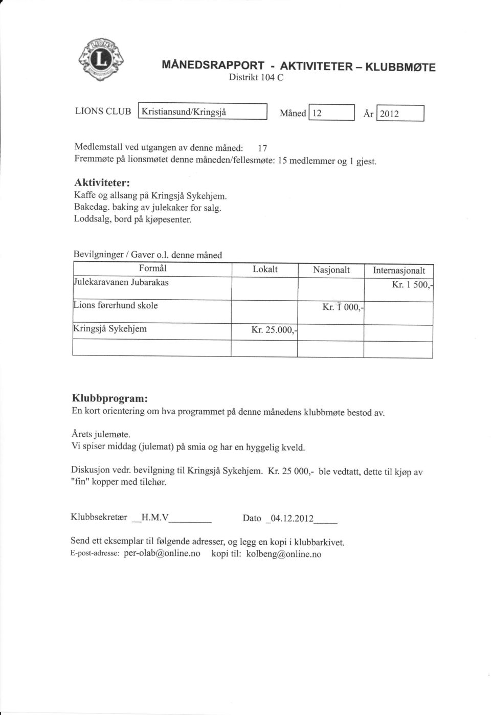 000, En kort orientering om hva programmet p& denne minedens klubbmste bestod av. Arets julemote. Vi spiser middag fiulemat) p& smia og har en hyggelig kveld. Diskusjon vedr.