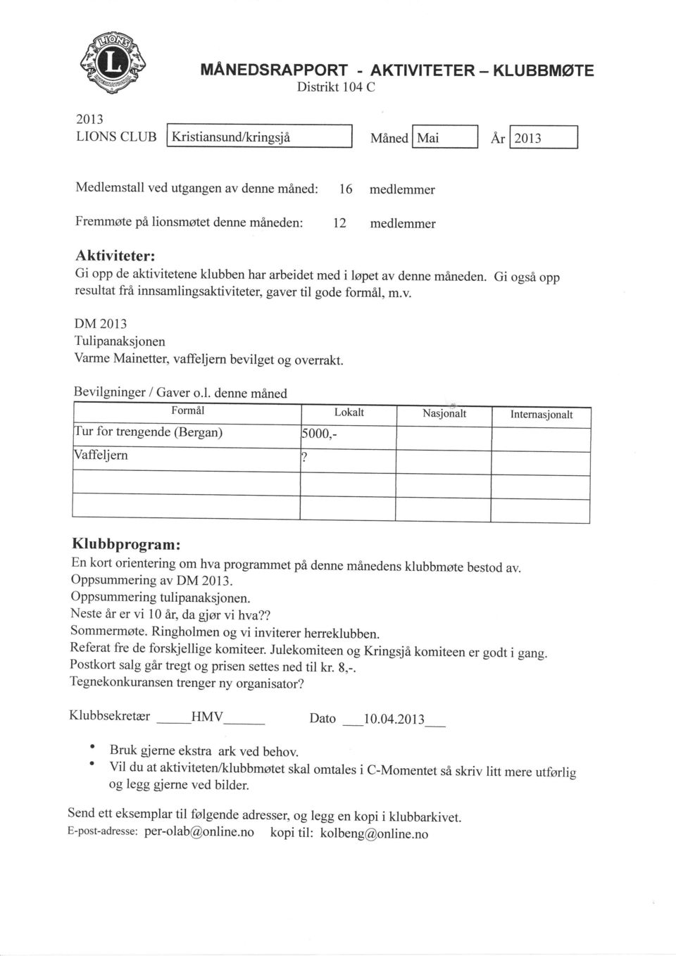 Form6l Lokalt Nasjonalt Internasjonalt Iur for trengende (Bergan) i000,- yaffeljern? En kort orientering om hva programmet pi denne minedens klubbmote bestod av. Oppsummering av DM 2013.