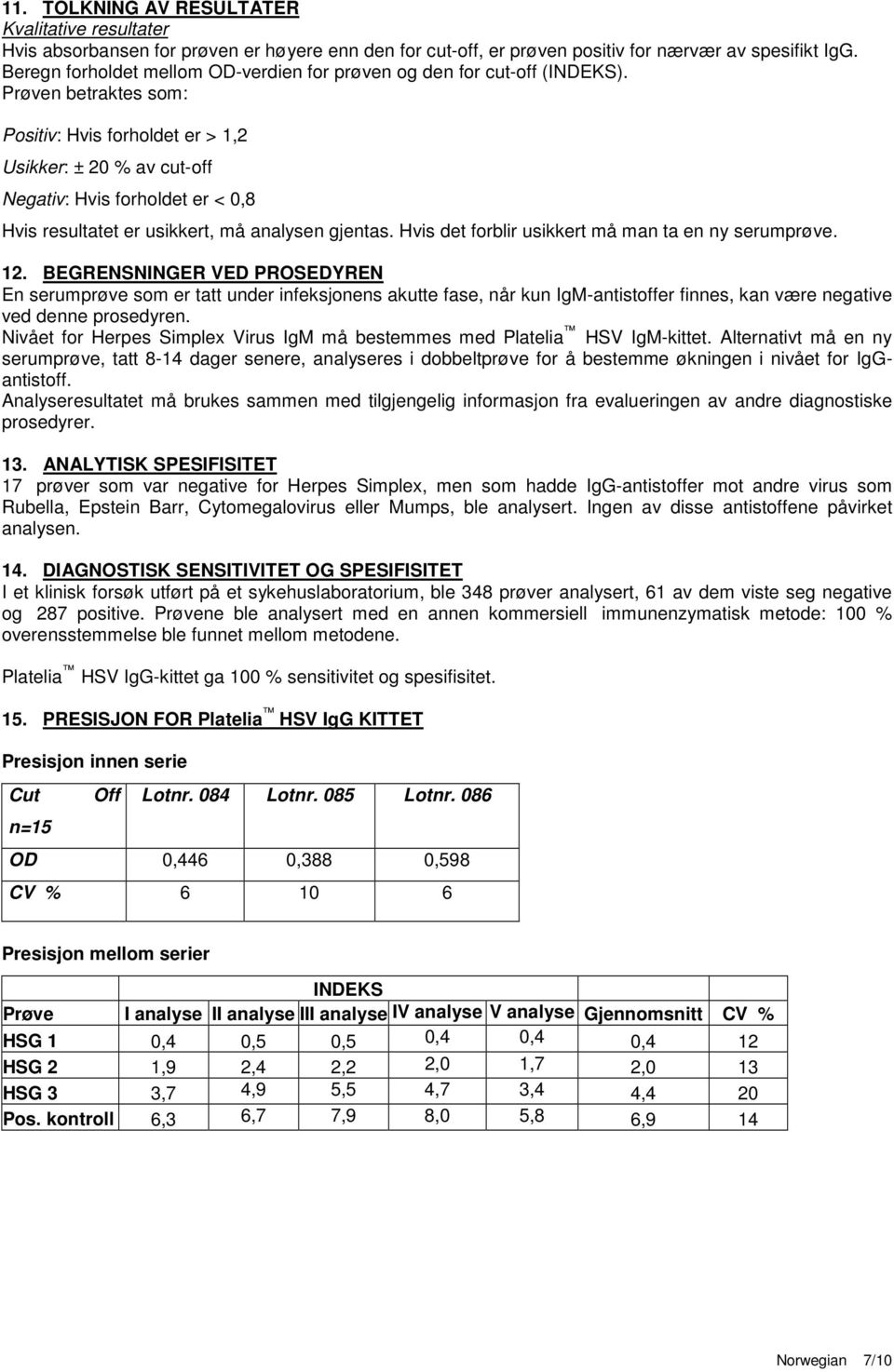 Prøven betraktes som: Positiv: Hvis forholdet er > 1,2 Usikker: ± 20 % av cut-off Negativ: Hvis forholdet er < 0,8 Hvis resultatet er usikkert, må analysen gjentas.