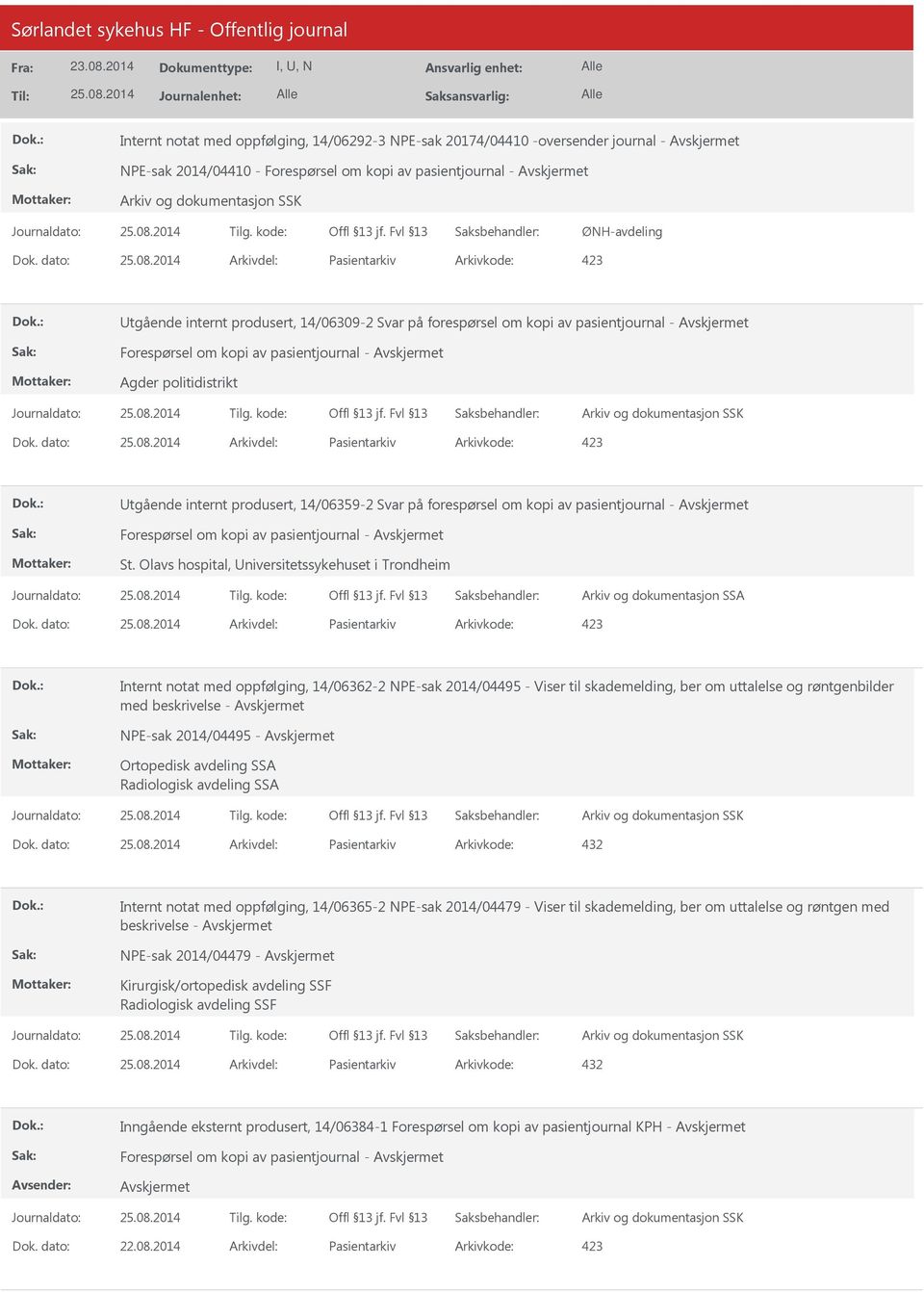 dato: Arkivdel: Pasientarkiv Arkivkode: 423 Utgående internt produsert, 14/06359-2 Svar på forespørsel om kopi av pasientjournal - Forespørsel om kopi av pasientjournal - St.