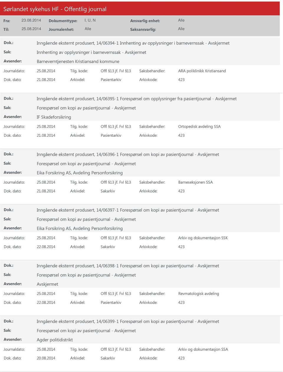 2014 Arkivdel: Pasientarkiv Arkivkode: 423 Inngående eksternt produsert, 14/06395-1 Forespørsel om opplysninger fra pasientjournal - Forespørsel om kopi av pasientjournal - IF Skadeforsikring