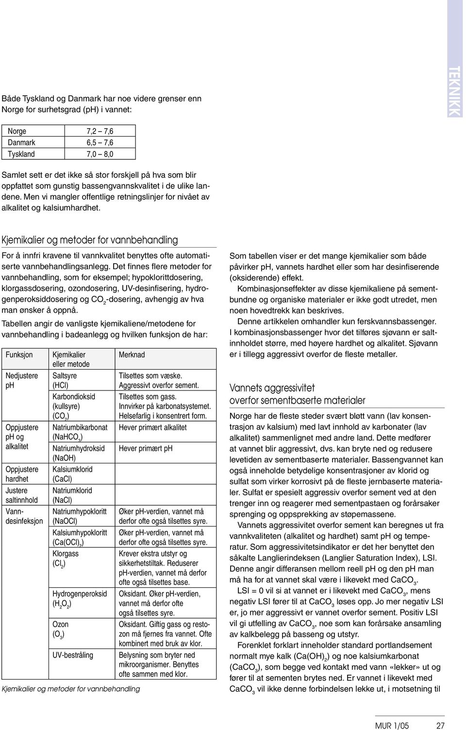 Kjemikalier og metoder for vannbehandling For å innfri kravene til vannkvalitet benyttes ofte automatiserte vannbehandlingsanlegg.