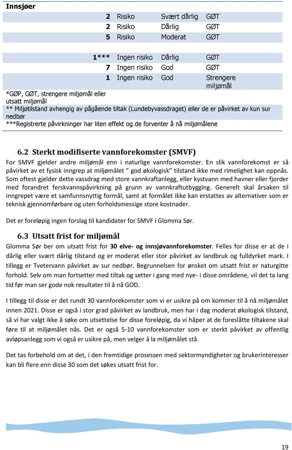 miljømålene 6.2 Sterkt modifiserte vannforekomster (SMVF) For SMVF gjelder andre miljømål enn i naturlige vannforekomster.