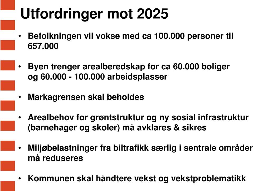 000 arbeidsplasser Markagrensen skal beholdes Arealbehov for grøntstruktur og ny sosial infrastruktur