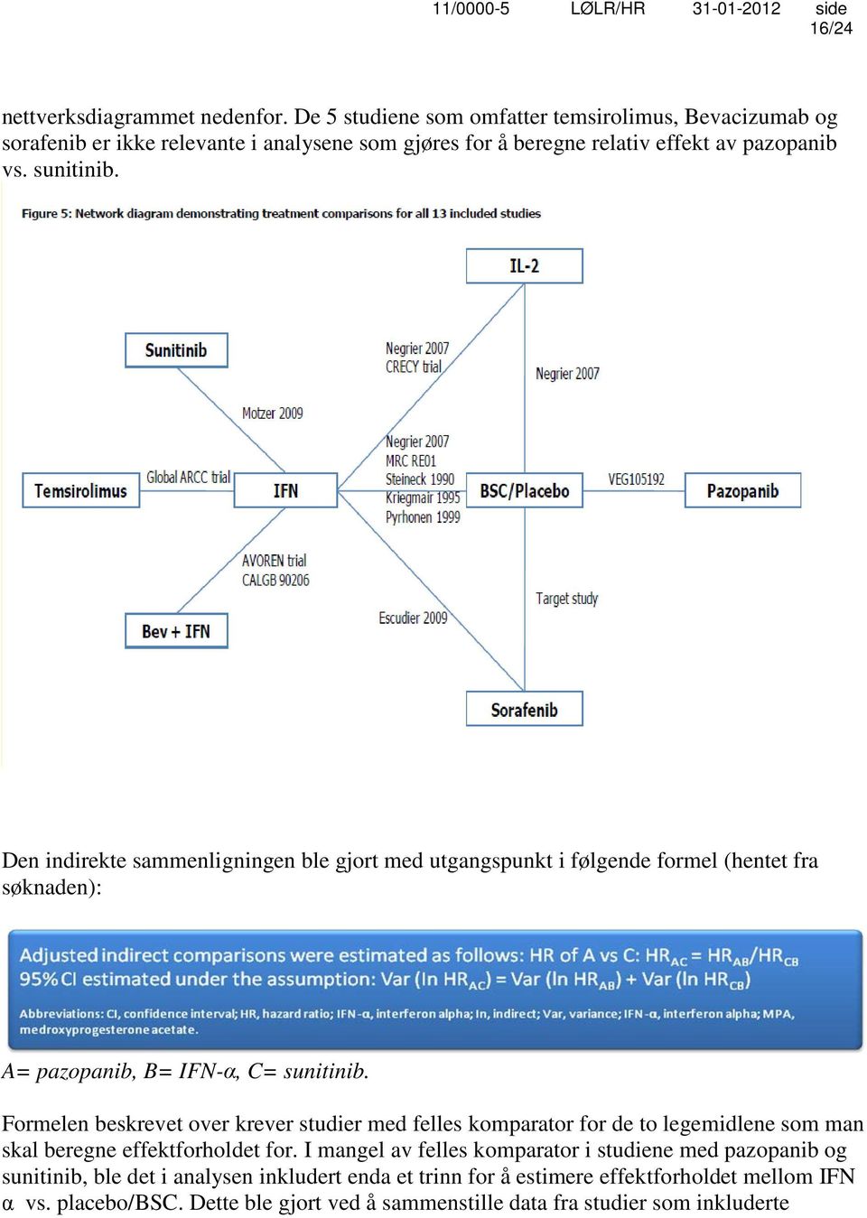 Den indirekte sammenligningen ble gjort med utgangspunkt i følgende formel (hentet fra søknaden): A= pazopanib, B= IFN-α, C= sunitinib.