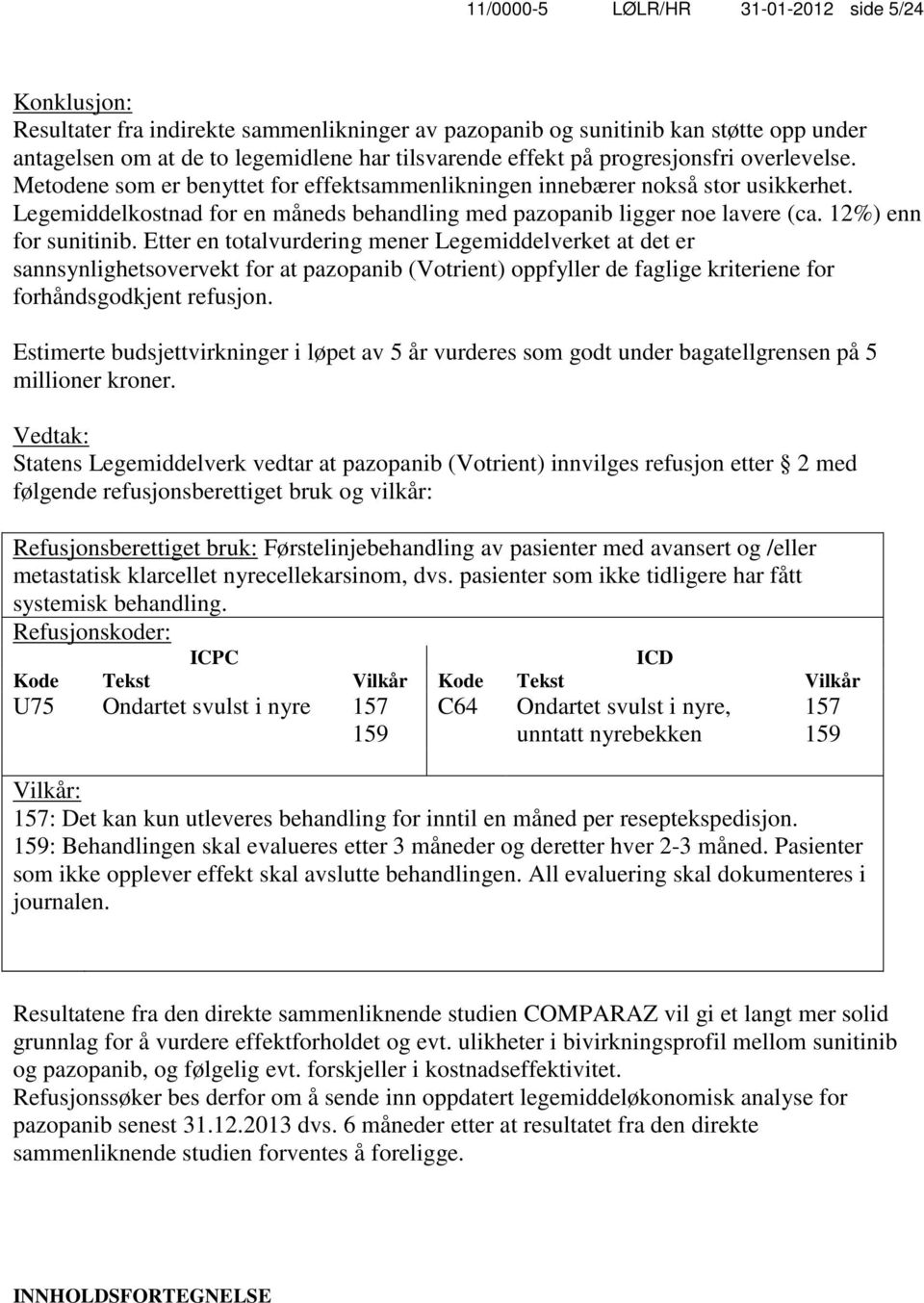 Etter en totalvurdering mener Legemiddelverket at det er sannsynlighetsovervekt for at pazopanib (Votrient) oppfyller de faglige kriteriene for forhåndsgodkjent refusjon.