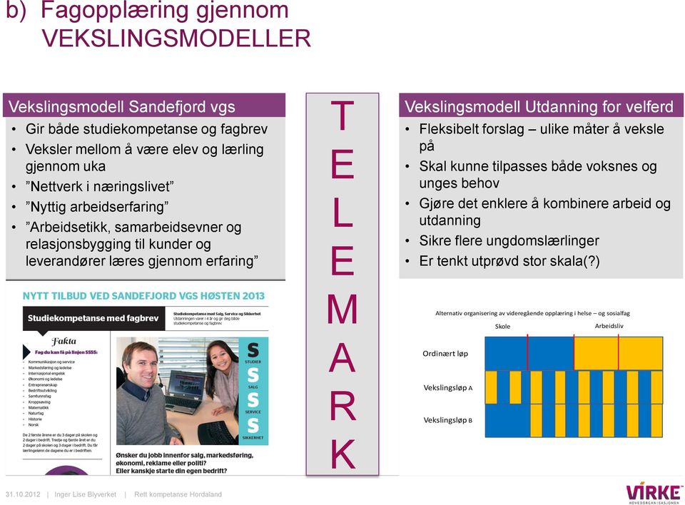 Utdanning for velferd Fleksibelt forslag ulike måter å veksle på Skal kunne tilpasses både voksnes og unges behov Gjøre det enklere å kombinere arbeid og utdanning Sikre