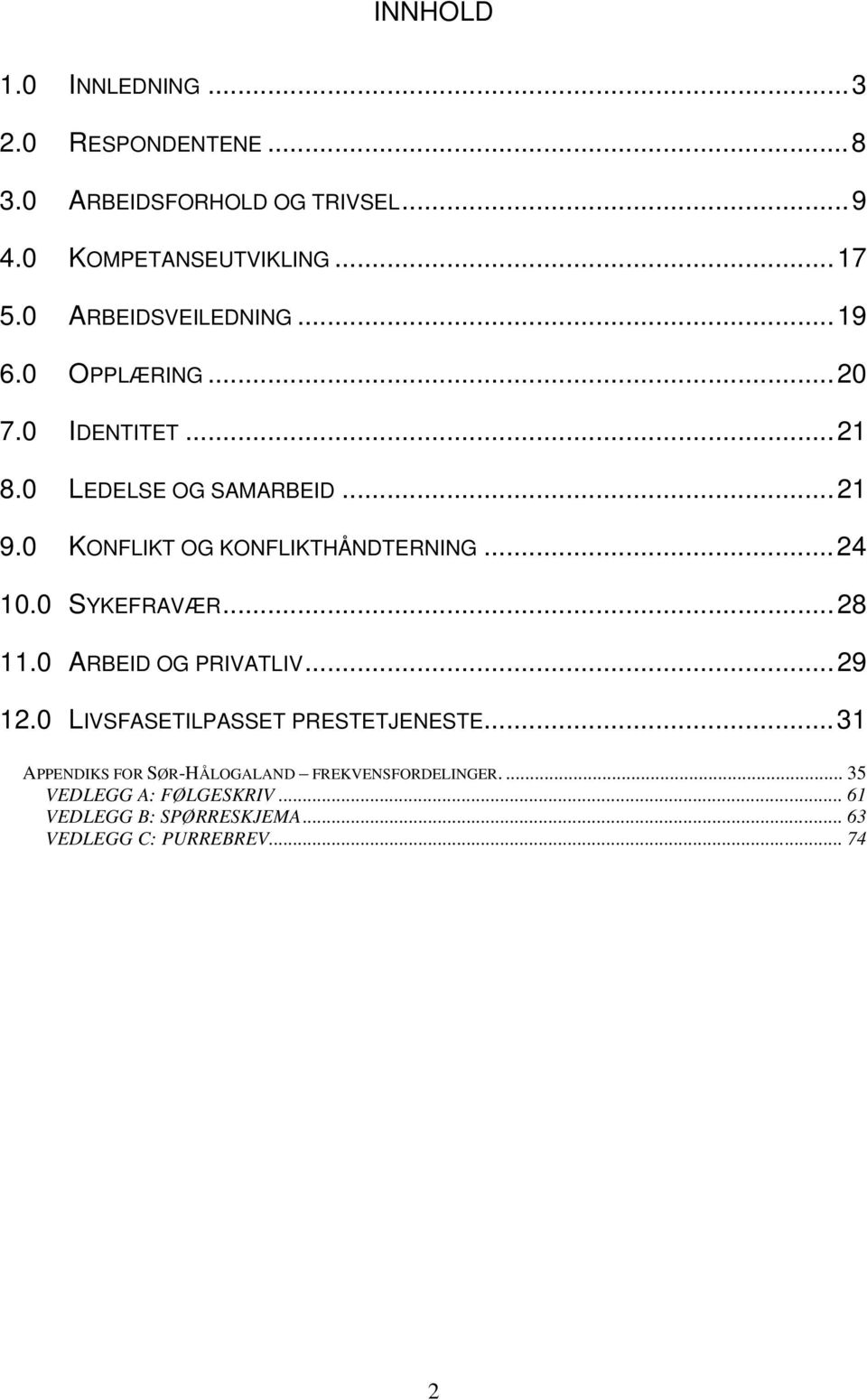 0 KONFLIKT OG KONFLIKTHÅNDTERNING...24 10.0 SYKEFRAVÆR...28 11.0 ARBEID OG PRIVATLIV...29 12.