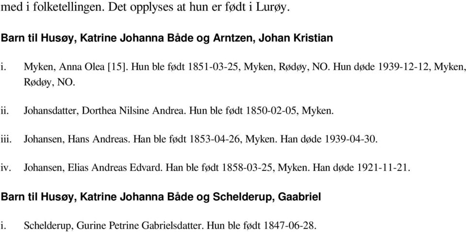 Hun ble født 1850-02-05, Myken. i Johansen, Hans Andreas. Han ble født 1853-04-26, Myken. Han døde 1939-04-30. iv. Johansen, Elias Andreas Edvard.