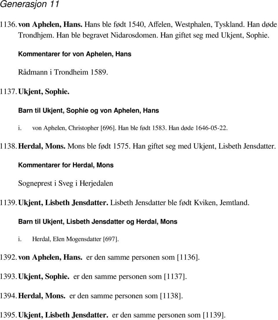 1138.Herdal, Mons. Mons ble født 1575. Han giftet seg med Ukjent, Lisbeth Jensdatter. Kommentarer for Herdal, Mons Sogneprest i Sveg i Herjedalen 1139.Ukjent, Lisbeth Jensdatter. Lisbeth Jensdatter ble født Kviken, Jemtland.