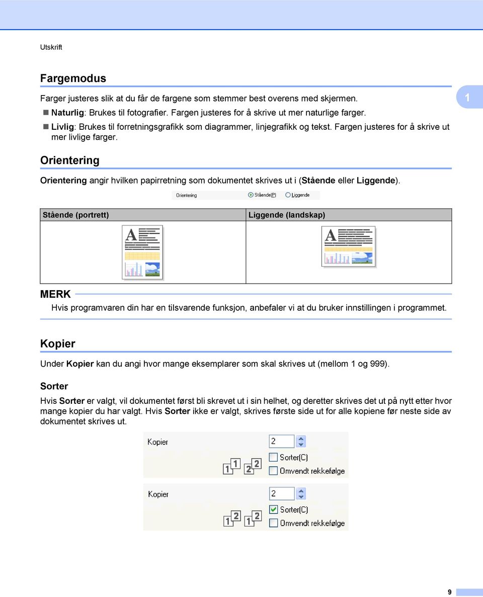 1 Orientering Orientering angir hvilken papirretning som dokumentet skrives ut i (Stående eller Liggende).