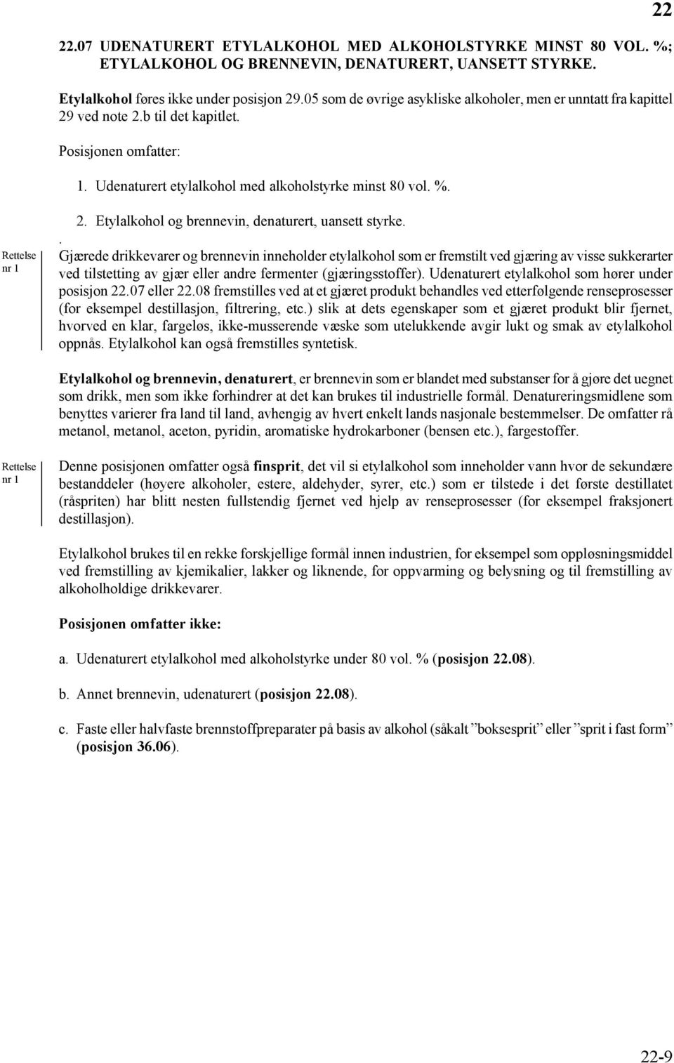 22 Rettelse nr 1 2. Etylalkohol og brennevin, denaturert, uansett styrke.