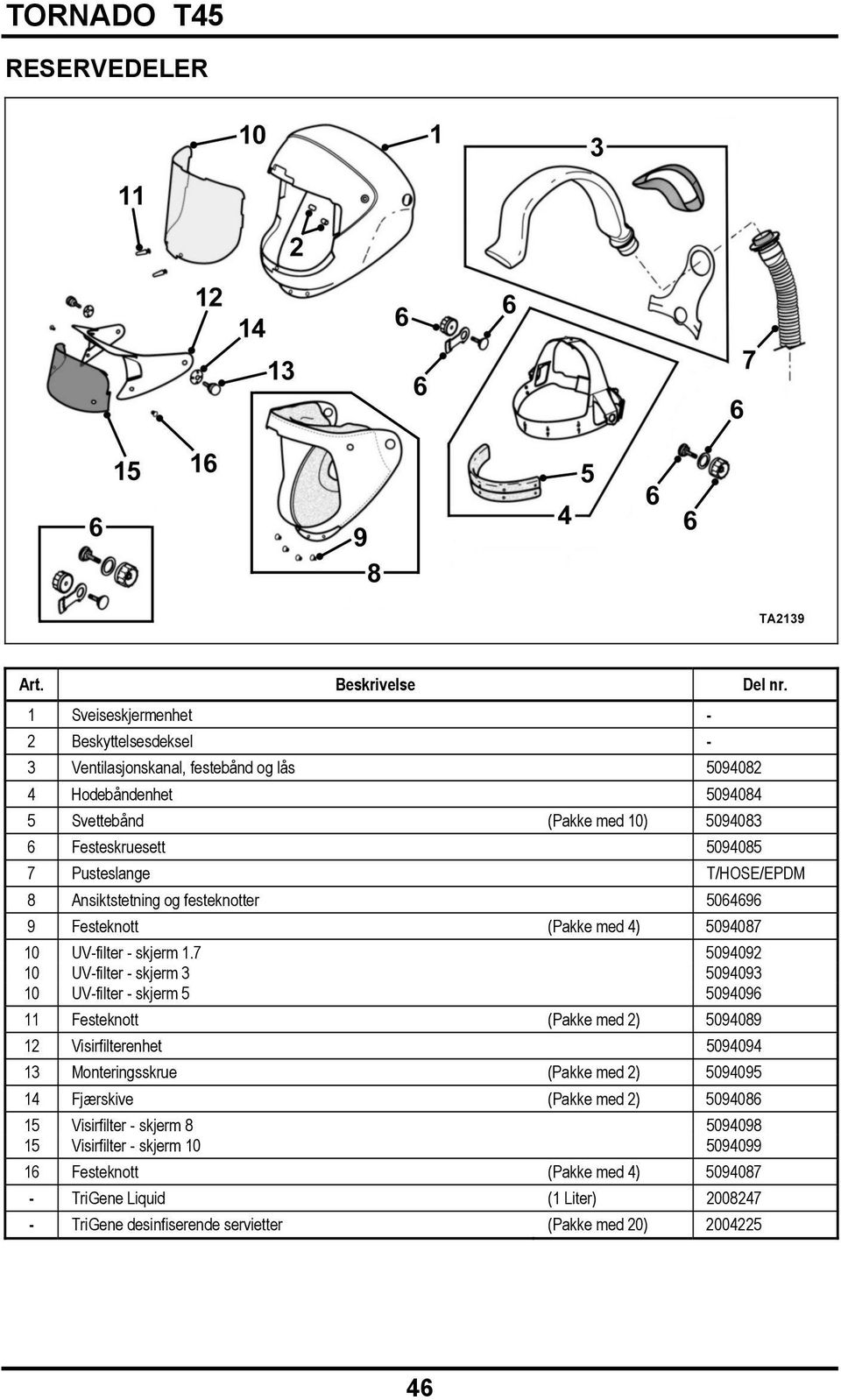 Pusteslange T/HOSE/EPDM 8 Ansiktstetning og festeknotter 5064696 9 Festeknott (Pakke med 4) 5094087 10 UV-filter - skjerm 1.