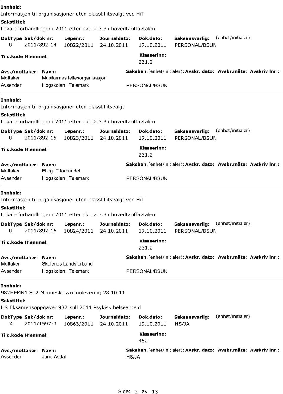 : PERONAL/BN nformasjon til organisasjoner uten plasstillitsvalgt Lokale forhandlinger i 2011 etter pkt. 2.3.3 i hovedtariffavtalen 2011/892-15 10823/2011 17.10.2011 PERONAL/BN Mottaker El og T forbundet 231.