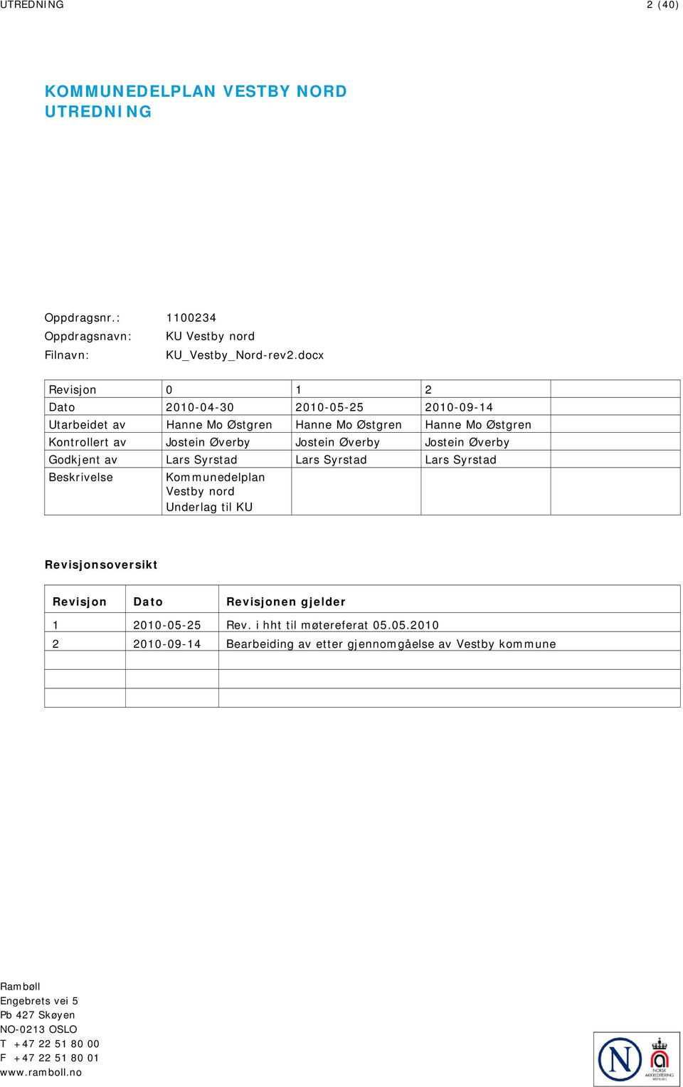 Jostein Øverby Godkjent av Lars Syrstad Lars Syrstad Lars Syrstad Beskrivelse Kommunedelplan Vestby nord Underlag til KU Revisjonsoversikt Revisjon Dato Revisjonen gjelder